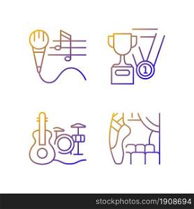 Hobby and leisure gradient linear vector icons set. Talent competition. Performing on stage. Musical and sports talent. Thin line contour symbols bundle. Isolated outline illustrations collection. Hobby and leisure gradient linear vector icons set