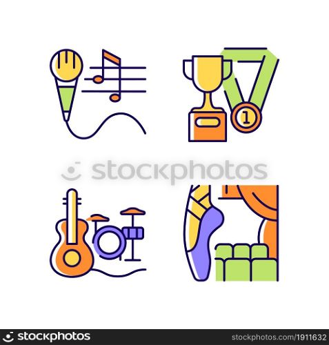 Hobby and leisure RGB color icons set. Talent competition. Performing on stage. Musical and sports talent. Gifted singer. Isolated vector illustrations. Simple filled line drawings collection. Hobby and leisure RGB color icons set