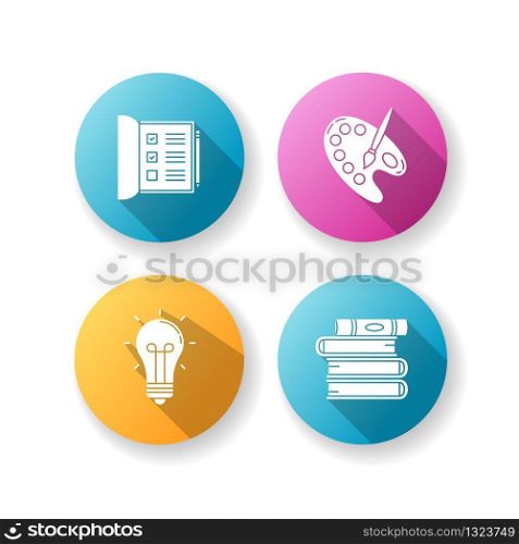 Hobby and work flat design long shadow glyph icons set. Open notebook. Checkboxes in list. Artist palette with paint brush. Glowing lightbulb. Creative craft. Silhouette RGB color illustrations