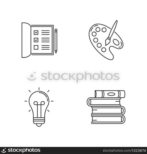 Hobby and work pixel perfect linear icons set. Open notebook. Palette with paint brush. Creative craft. Customizable thin line contour symbols. Isolated vector outline illustrations. Editable strokes