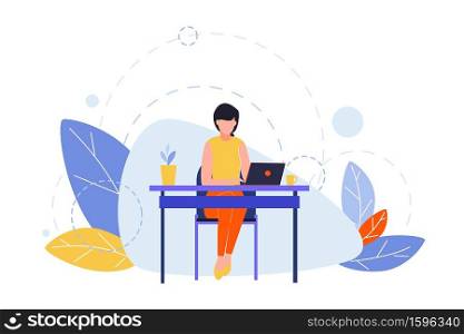 Hobby, creative profession, writing, freelance concept. Illustration of businesswoman, girl writer or freelancer at table with laptop. Art image of different people creative occupation. Flat vector. Hobby, creative profession, writing, freelance, business concept
