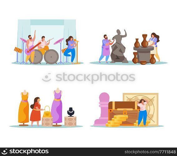 Hobby flat people 4x1 set of compositions with doodle human characters playing music sculpting designing clothes vector illustration. Hobbies Flat Compositions Set