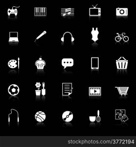 Hobby icons with reflect on black background, stock vector