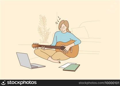 Hobby, leisure activities during quarantine concept. Young teen smiling girl sitting at home and learning playing guitar during online training during coronavirus pandemic and lockdown illustration . Hobby, leisure activities during quarantine concept