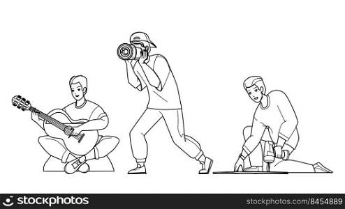 Hobby Male And Recreational Funny Time Vector. Playing On Guitar Musician Instrument, Photographing And Carpenting Hobby Male. Characters Enjoyment And Recreation black line illustration. Hobby Male And Recreational Funny Time Vector