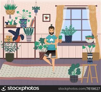 Hobby of character vector, man spending time at home practicing yoga poses. Interior of room, plants and flowers on shelves, persons pastime pleasure. Man Exercising Yoga, Person at Home Male Hobby