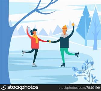 Hobby of man and woman figure skating on ice rink in park. Couple holding hands giving performance. Pair training in winter sports. Leisure of friends at weekends. Vector in flat style illustration. Couple on Skating Rink Dancing Outdoors Hobby