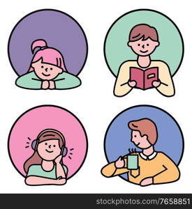 Hobby of people character avatar in round icon. Portrait view of girl and boy dreaming, listening music in headset, reading book and drinking hot beverage. Smiling man and woman in circle shape vector. People Avatar Leisure Icon Set on White Vector