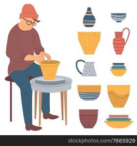 Hobby of person using spinning table with clay vector, interest of character different containers and jars. Handmade products, pottery pastime leisure. Hipster Man Making Pots From Clay Pottery Hobby