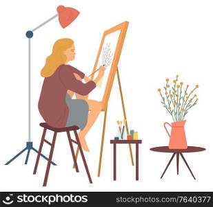 Hobby of woman at home vector, isolated person with canvas on easel. Leisure time of character, table with vase and flourishing flowers, house interior. Woman Drawing Picture, Hobby of Lady with Brush