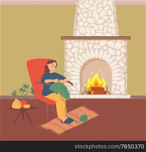 Hobby of woman, knitting at home near fireplace, teapot and house-plant on table. Portrait view of female sitting on chair with needles, crochet vector. Female Crochets near Fireplace, Knitting Vector