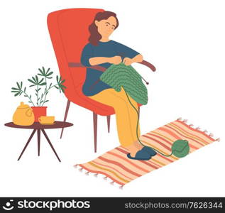 Hobby of woman sitting at home in armchair vector, isolated character with needles and threads. Knitting lady on chair, pastime of person, leisure interest. Flat cartoon. Woman Knitting at Home, Hobby of Female Vector