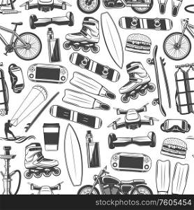 Hobby sport activities and recreation equipment seamless pattern. Vector skating and surfing, bicycle and motorcycle, video games. Fast Food hamburger and hookah and life vest, roller skate and vape. Recreation activities items hobby seamless pattern