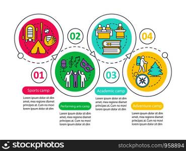 Hobby, talent camps vector infographic template. Business presentation design elements. Data visualization with four steps and options. Process timeline chart. Workflow layout with linear icons