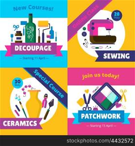 Hobby Workshop Courses 4 Flat Icons . Art studio creative courses workshops online classes concept 4 flat icons square design abstract isolated vector illustration