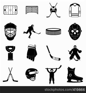 Hockey black simple icons set isolated on white background. Hockey black simple icons set