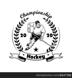 Hockey ch&ionship label vector illustration. Ice hockey player in helmet, uniform and skates, laurel wreath, ch&ionship text. Sport or fan community concept for emblems and labels templates