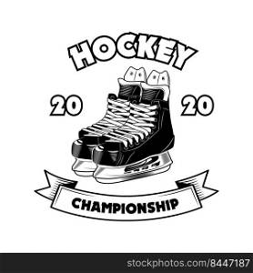 Hockey ch&ionship symbol vector illustration. Ice skates and text on ribbon. Sport school concept for emblems and labels templates