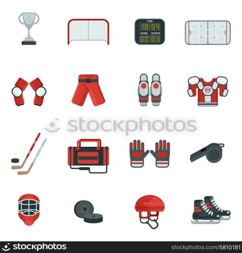 Hockey Decorative Icon Set. Hockey attribution clothes equipment and accessories skates puck and putter flat color icon set isolated vector illustration