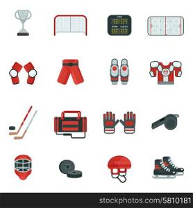 Hockey Decorative Icon Set. Hockey attribution clothes equipment and accessories skates puck and putter flat color icon set isolated vector illustration