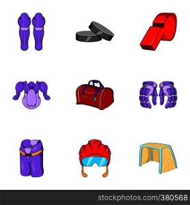 Hockey game icons set. Cartoon illustration of 9 hockey game vector icons for web. Hockey game icons set, cartoon style