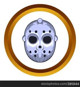 Hockey goalie mask vector icon in golden circle, cartoon style isolated on white background. Hockey goalie mask vector icon, cartoon style