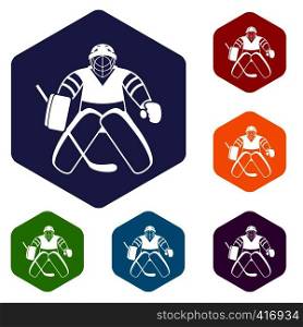 Hockey goalkeeper icons set rhombus in different colors isolated on white background. Hockey goalkeeper icons set