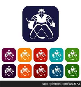 Hockey goalkeeper icons set vector illustration in flat style in colors red, blue, green, and other. Hockey goalkeeper icons set