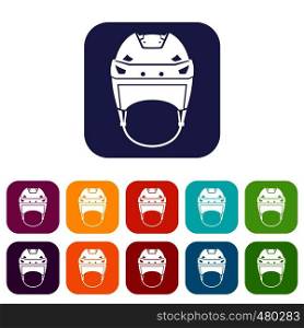 Hockey helmet icons set vector illustration in flat style in colors red, blue, green, and other. Hockey helmet icons set
