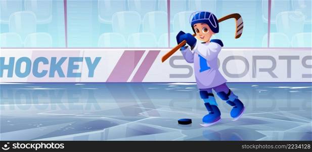 Hockey ice rink with boy player in helmet and skates. Vector cartoon illustration of public sport stadium with ice field, benches and kid with puck and hockey stick. Hockey ice rink with boy player in skates