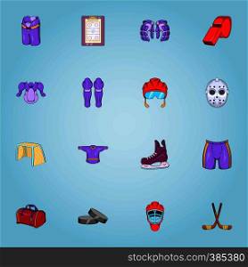 Hockey icons set. Cartoon illustration of 16 hockey vector icons for web. Hockey icons set, cartoon style