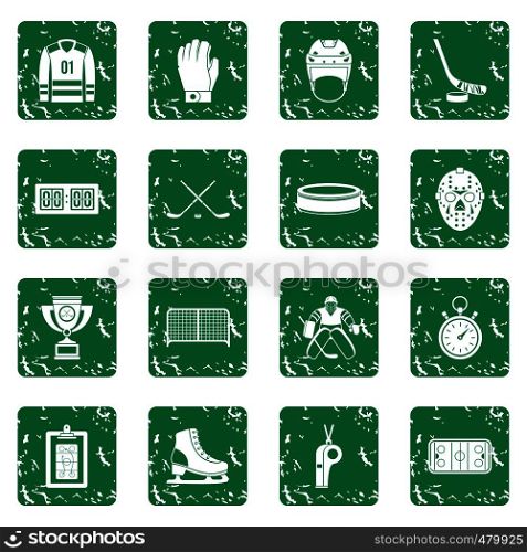 Hockey icons set in grunge style green isolated vector illustration. Hockey icons set grunge