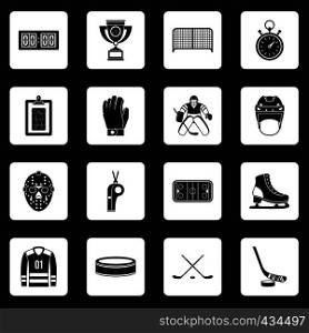 Hockey icons set in white squares on black background simple style vector illustration. Hockey icons set squares vector