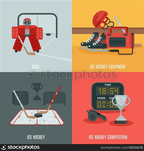 Hockey Icons Set. Playing ice hockey icons set with equipment competition and goal flat isolated vector illustration