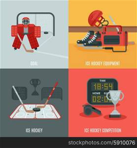 Hockey Icons Set. Playing ice hockey icons set with equipment competition and goal flat isolated vector illustration