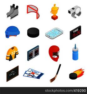 Hockey isometric 3d icons set. 16 symbols on a white background. Hockey isometric 3d icons set