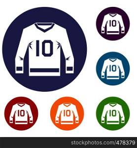 Hockey jersey icons set in flat circle red, blue and green color for web. Hockey jersey icons set