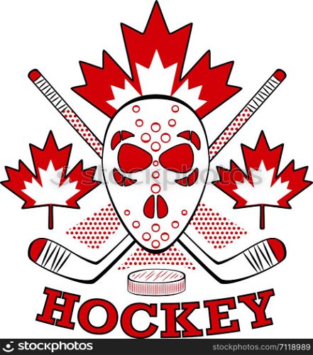 Hockey label in pop art style. Sport team game insignia with hockey puck, sticks and mask. Hockey label in pop art style.