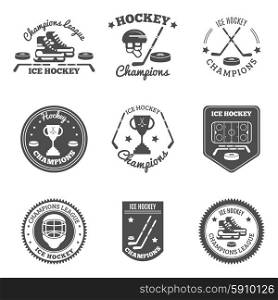 Hockey Labels Set. Ice hockey black white labels set with champions league and cup flat isolated vector illustration