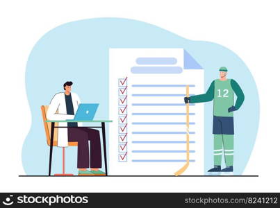 Hockey player at doctors office flat vector illustration. Sportsman taking medical examination and s&les before competition. Sport, healthcare concept for banner, website design or landing web page