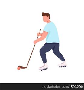Hockey player flat color vector faceless character. Athlete with stick and puck. Sportsman on roller skates. Competitive sport isolated cartoon illustration for web graphic design and animation. Hockey player flat color vector faceless character