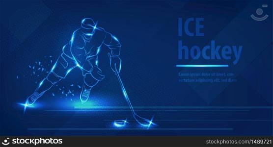 Hockey player on ice with stick shot the puck. Olympic winter sport. Blue neon horizontal banner. Ice hockey man player on the run. Action blue neon hockey winter sport vector background.. Hockey player on ice with stick shot the puck