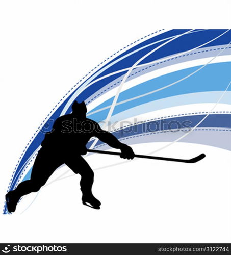 Hockey player silhouette with line background. Vector illustration.