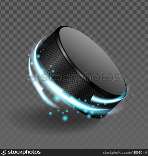 Hockey Puck Rubber Sportive Game Accessory Vector. Hockey Puck For Playing On Ice Arena Stadium. Sport Team Championship League Equipment And Abstract Light Template Realistic 3d Illustration. Hockey Puck Rubber Sportive Game Accessory Vector