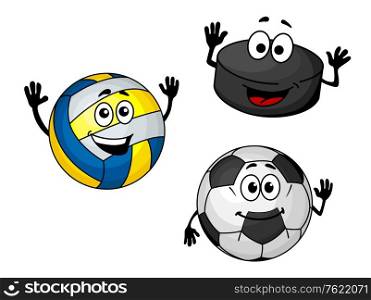 Hockey puck, volleyball and soccer balls in cartoon style for sports design