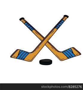 Hockey stick and puck. Crossed sports equipment. Winter Games. Cartoon illustration. Hockey stick and puck. Crossed sports equipment.