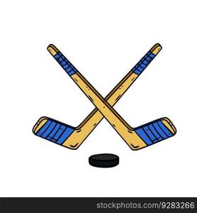 Hockey stick and puck. Crossed sports equipment. Winter Games. Cartoon illustration. Hockey stick and puck.