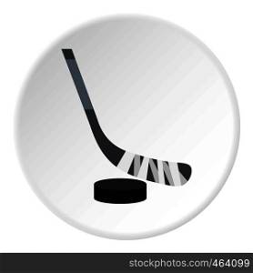 Hockey stick and puck icon in flat circle isolated vector illustration for web. Hockey stick and puck icon circle