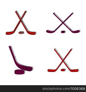 Hockey stick icon set. Color outline set of hockey stick vector icons for web design isolated on white background. Hockey stick icon set, color outline style