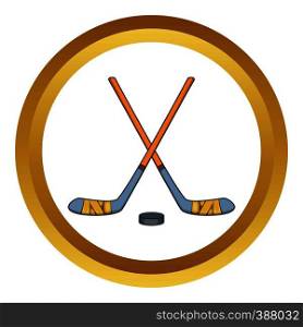 Hockey sticks and puck vector icon in golden circle, cartoon style isolated on white background. Hockey sticks and puck vector icon